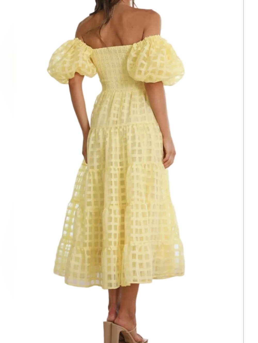 Off Shoulder Short Puff Sleeve Elastic Smocked Bodice Tiered A-line Midi Dress - Picture 5 of 14